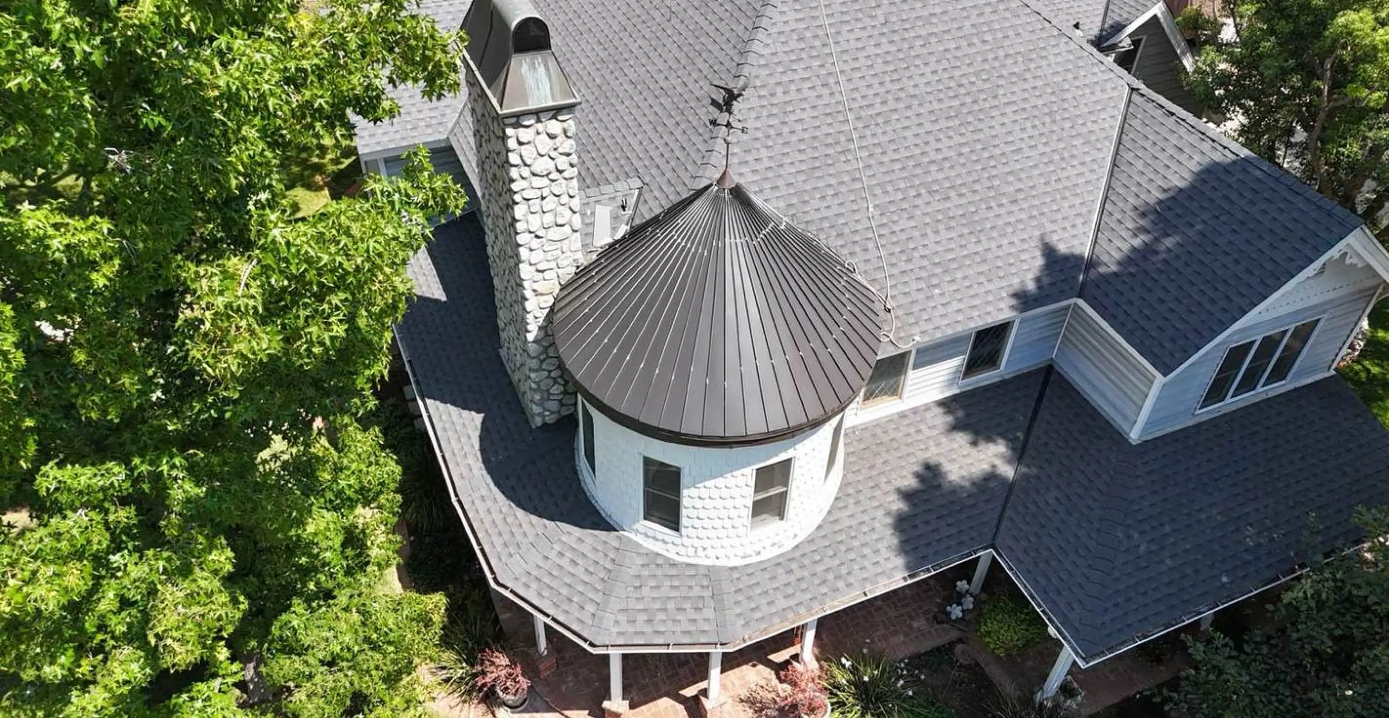 Aerial view of turreted roof
