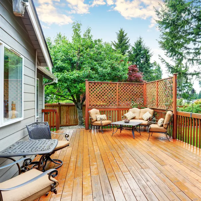 Spacious wooden deck with patio area and attached pergola. Northwest, USA